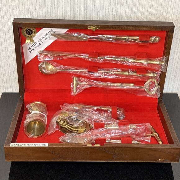 Vintage Bronzeware Cocktail Tool Kit MCM Bamboo Bar Set Teak Case 9 pc Thailand - Picture 1 of 14